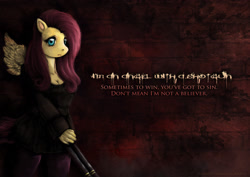 Size: 1980x1400 | Tagged: safe, artist:shakuchan, imported from derpibooru, fluttershy, anthro, angel with a shotgun, brick wall, female, gun, looking at you, lyrics, nightcore, shotgun, solo, song reference, text, weapon