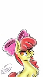 Size: 600x1067 | Tagged: safe, artist:vermillion-draws, imported from derpibooru, apple bloom, earth pony, pony, :p, chest fluff, cute, ear fluff, female, filly, frown, lidded eyes, looking at you, raspberry, silly, sitting, solo, tongue out