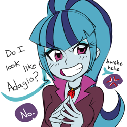 Size: 748x748 | Tagged: safe, artist:rileyav, imported from derpibooru, sonata dusk, equestria girls, rainbow rocks, blushing, clothes, cross-popping veins, dialogue, female, gem, grin, implied aria blaze, impressions, jewelry, looking at you, necklace, ponytail, siren gem, smiling, solo