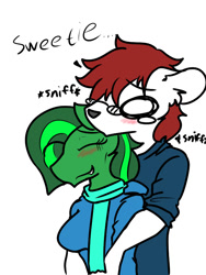 Size: 600x800 | Tagged: safe, artist:whitebear, imported from derpibooru, oc, oc only, oc:jade aurora, oc:whiteboard, anthro, earth pony, blushing, clothes, crying, female, glasses, male, oc x oc, scarf, shipping, sick, smiling, snuggling, straight, sweater