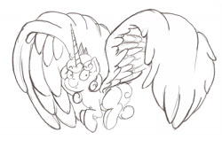 Size: 1502x1000 | Tagged: safe, imported from derpibooru, princess flurry heart, spoiler:s06, female, filly, horn, impossibly large horn, impossibly large wings, large wings, long horn, monochrome, solo, wings