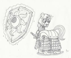 Size: 990x807 | Tagged: safe, artist:sensko, imported from derpibooru, pony, unicorn, armor, black and white, female, grayscale, guardsmare, male, mare, monochrome, pencil drawing, royal guard, shield, solo, sword, traditional art, weapon