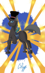 Size: 1031x1650 | Tagged: safe, artist:thefimp, imported from derpibooru, changeling, hat, magician, smiling, solo, top hat