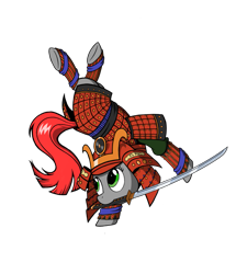 Size: 829x964 | Tagged: safe, artist:vistamage, imported from derpibooru, oc, oc only, oc:up1ter, armor, backbend, katana, samurai, sword, weapon