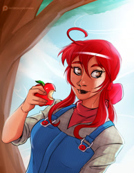 Size: 1280x1651 | Tagged: safe, artist:swain, imported from derpibooru, apple bloom, human, apple, clothes, female, food, humanized, solo, suspenders, sweat, tree