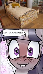 Size: 430x740 | Tagged: safe, artist:pencils, edit, imported from derpibooru, twilight sparkle, alicorn, pony, comic:anon's pie adventure, bed, bibliophile, blushing, book, bookhorse, eye shimmer, eyes on the prize, female, fetish, lip bite, looking at you, mare, reaction image, shaking, shivering, solo, starry eyes, stars, that is my fetish, that pony sure does love books, twilight sparkle (alicorn), wide eyes, wingding eyes