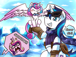 Size: 800x600 | Tagged: safe, artist:vavacung, imported from derpibooru, princess cadance, princess flurry heart, shining armor, alicorn, pony, unicorn, season 6, the crystalling, "responsible father" armor, behaving like a bird, blushing, cat toy, clever girl, clothes, cosplay, costume, crystal empire, cute, eyes closed, falconer, falconry, father and daughter, female, filly, flurrybetes, foal, funny, goggles, grin, horrified, impossibly large wings, jurassic park, male, mare, mouth hold, nom, older, open mouth, ragnarok online, ranger, rope, scarf, shining adorable, sitting, smiling, spread wings, stallion, this will end in a night on the couch, vavacung is trying to murder us, wide eyes