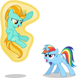 Size: 1360x1369 | Tagged: safe, artist:punzil504, imported from derpibooru, lightning dust, rainbow dash, pony, unicorn, alternate universe, duo, duo female, female, levitation, magic, mare, race swap, self-levitation, simple background, telekinesis, transparent background, unicorn lightning dust, unicorn rainbow dash, vector