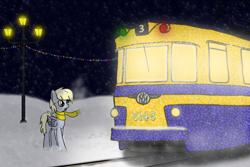 Size: 1024x683 | Tagged: safe, artist:subway777, imported from derpibooru, derpy hooves, pegasus, pony, christmas lights, clothes, night, russia, saint petersburg, scarf, snow, snowfall, tram, winter