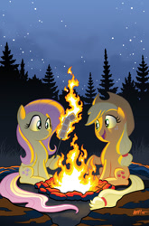 Size: 755x1147 | Tagged: safe, artist:tonyfleecs, idw, imported from derpibooru, applejack, fluttershy, campfire, camping, cover, food, marshmallow