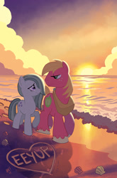 Size: 755x1147 | Tagged: safe, artist:tonyfleecs, idw, imported from derpibooru, big macintosh, marble pie, earth pony, pony, spoiler:comic, spoiler:comic39, beach, bedroom eyes, comic, eeyup, eye contact, heart, male, marblemac, ocean, raised hoof, seashell, shipping, smiling, stallion, straight, sunset, walking