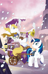 Size: 755x1147 | Tagged: safe, artist:tonyfleecs, idw, imported from derpibooru, prince blueblood, shining armor, pony, unicorn, spoiler:comic, spoiler:comicff26, carriage, comic cover, cover, duo, male, musical instrument, snow, snowfall, stallion, trumpet