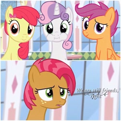 Size: 1080x1080 | Tagged: safe, edit, edited screencap, imported from derpibooru, screencap, apple bloom, babs seed, scootaloo, sweetie belle, cutie mark crusaders, older