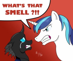 Size: 800x667 | Tagged: safe, artist:mayorlight, imported from derpibooru, shining armor, changeling, pony, unicorn, angry, crying, digital art, gritted teeth, hilarious in hindsight, hulk hogan, implied pooping, male, movie reference, no holds barred, parody, stallion