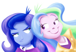 Size: 576x396 | Tagged: safe, artist:wigmania, imported from derpibooru, princess celestia, princess luna, equestria girls, c:, clothes, cute, cutelestia, faic, frown, glare, humanized, luna is not amused, principal celestia, simple background, smiling, smirk, trollestia, unamused, vice principal luna, white background