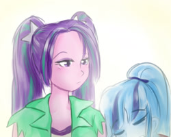 Size: 1422x1137 | Tagged: safe, artist:amazingpuffhair, imported from derpibooru, aria blaze, sonata dusk, equestria girls, rainbow rocks, arisona, cute, female, lesbian, shipping, sleeping, sonatabetes