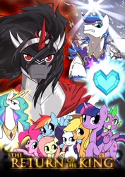 Size: 752x1063 | Tagged: safe, artist:commissarbu, imported from derpibooru, applejack, fluttershy, king sombra, pinkie pie, princess celestia, rainbow dash, rarity, shining armor, spike, twilight sparkle, alicorn, pony, crystal heart, female, lord of the rings, mane seven, mane six, mare, ponified, return of the king, twilight sparkle (alicorn)