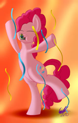 Size: 1126x1765 | Tagged: safe, artist:gift, imported from derpibooru, pinkie pie, earth pony, pony, confetti, female, mare, party, party horn, solo, standing