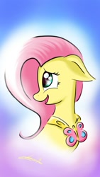 Size: 1024x1820 | Tagged: safe, artist:freeedon, imported from derpibooru, fluttershy, pony, bust, element of kindness, female, floppy ears, head turn, mare, open mouth, profile, smiling, solo, turned head