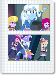 Size: 320x425 | Tagged: safe, imported from derpibooru, fuchsia blush, lavender lace, trixie, equestria girls, rainbow rocks, background human, female, trixie and the illusions