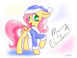 Size: 1024x778 | Tagged: dead source, safe, artist:freeedon, imported from derpibooru, fluttershy, pegasus, pony, christmas, clothes, coat, cute, female, floppy ears, folded wings, hat, head turn, looking at you, mare, merry christmas, open mouth, raised hoof, shyabetes, simple background, smiling, solo, standing, turned head, white background, wings, winter coat, winter hat, winter outfit