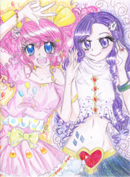 Size: 2512x3436 | Tagged: safe, artist:monicherrie, imported from derpibooru, pinkie pie, rarity, human, belly button, clothes, dress, humanized, midriff, nail polish, skirt