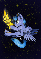 Size: 1600x2263 | Tagged: safe, artist:panhaukatze, imported from derpibooru, princess luna, female, s1 luna, solo, space, stars, tangible heavenly object, traditional art, watermark