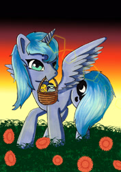 Size: 1600x2263 | Tagged: safe, artist:panhaukatze, imported from derpibooru, princess luna, basket, dawn, easter, easter egg, egg, female, flower, mouth hold, s1 luna, solo, spread wings, traditional art, twilight (astronomy), watermark