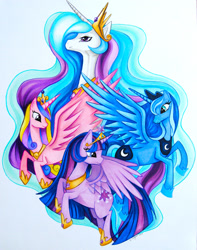 Size: 1846x2340 | Tagged: safe, artist:myopensketchbook, imported from derpibooru, princess cadance, princess celestia, princess luna, twilight sparkle, twilight sparkle (alicorn), alicorn, pony, alicorn tetrarchy, female, mare, simple background, spread wings, traditional art