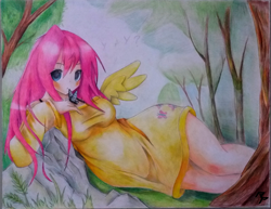 Size: 3008x2322 | Tagged: safe, artist:therainbowphoenix, imported from derpibooru, fluttershy, human, armpits, breasts, busty fluttershy, female, humanized, paper, sketch, solo, trace, traditional art