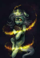 Size: 1681x2427 | Tagged: safe, artist:amishy, imported from derpibooru, lyra heartstrings, pony, unicorn, book, dark, dark background, female, floppy ears, glowing horn, hand, holding, levitation, looking at you, magic, solo