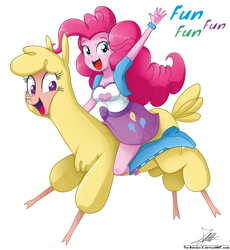 Size: 1102x1199 | Tagged: safe, artist:the-butch-x, imported from derpibooru, paprika paca, pinkie pie, alpaca, them's fightin' herds, equestria girls, community related, crossover, cute, diapinkes, duo, female, fun fun fun, paprika (tfh), riding, signature, simple background, transparent background