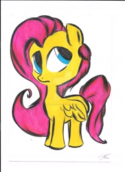 Size: 1024x1408 | Tagged: safe, artist:winterstorm42, imported from derpibooru, fluttershy, female, looking away, looking up, simple background, solo, standing, traditional art, watermark, white background