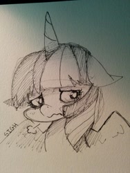 Size: 960x1280 | Tagged: safe, artist:sharmie, imported from derpibooru, twilight sparkle, alicorn, pony, black and white, female, grayscale, mare, monochrome, sigh, simple background, sketch, solo, traditional art, twilight sparkle (alicorn), white background