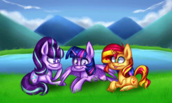 Size: 1280x768 | Tagged: safe, artist:pinipy, imported from derpibooru, starlight glimmer, sunset shimmer, twilight sparkle, alicorn, pony, unicorn, equestria girls, derp, female, mare, mountain, pond, trio, twilight sparkle (alicorn)