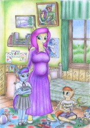 Size: 1965x2799 | Tagged: safe, artist:sinaherib, imported from derpibooru, big macintosh, fluttershy, oc, oc:rainfall, oc:summer wind, anthro, pegasus, plantigrade anthro, big breasts, breasts, busty fluttershy, family photo, female, fluttermac, fluttermom, male, offspring, parent:big macintosh, parent:fluttershy, parent:rainbow dash, parent:soarin', parents:fluttermac, parents:soarindash, pregnant, shipping, story included, straight, toy