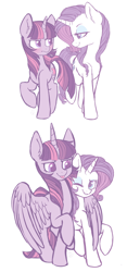 Size: 3500x7500 | Tagged: safe, artist:hawthornss, imported from derpibooru, rarity, twilight sparkle, alicorn, pony, unicorn, the last problem, absurd resolution, blushing, cute, duo, ear fluff, eyeshadow, female, height difference, hug, lesbian, looking at each other, makeup, mare, one eye closed, princess twilight 2.0, raised hoof, rarilight, shipping, simple background, size difference, smiling, tongue out, twilight sparkle (alicorn), unicorn twilight, white background, winghug, wink