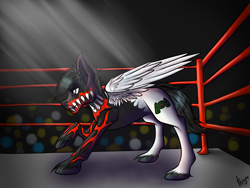 Size: 1600x1200 | Tagged: safe, artist:stirren, imported from derpibooru, pegasus, pony, angry, bodypaint, digital art, ear fluff, fight, fighting stance, finn balor, fury, ring, unshorn fetlocks, wrestling, wrestling ring