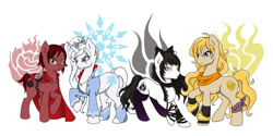 Size: 1024x512 | Tagged: safe, artist:remfey, imported from derpibooru, blake belladonna, ponified, ruby rose, rwby, semblance, weiss schnee, yang xiao long