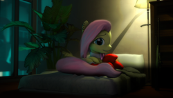 Size: 1024x576 | Tagged: safe, artist:skyofffrunki, imported from derpibooru, fluttershy, 3d, bed, clothes, light, looking at you, shadow, socks, source filmmaker