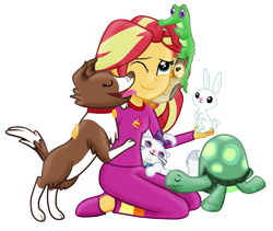 Size: 1023x862 | Tagged: safe, artist:majkashinoda626, imported from derpibooru, angel bunny, gummy, opalescence, owlowiscious, sunset shimmer, tank, winona, equestria girls, clothes, cute, hilarious in hindsight, pajamas, pet, shimmerbetes, simple background, slippers, transparent background