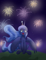 Size: 3500x4500 | Tagged: safe, artist:bratzoid, imported from derpibooru, princess luna, female, fireworks, hat, looking up, new years eve, party hat, sitting, smiling, solo, spread wings