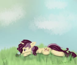 Size: 1012x860 | Tagged: safe, artist:unicorn2000, imported from derpibooru, oc, oc only, oc:lannie lona, flower, grass, prone, solo