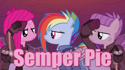 Size: 1920x1080 | Tagged: safe, edit, edited screencap, imported from derpibooru, screencap, maud pie, pinkie pie, rainbow dash, the cutie re-mark, alternate hairstyle, alternate timeline, amputee, apinkalypse pie, apocalypse dash, apocalypse maud, army, artificial wings, augmented, caption, crystal war timeline, image macro, meme, pink text, pinkamena diane pie, prosthetic limb, prosthetic wing, prosthetics, pun, scar, torn ear, wings