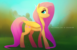 Size: 2000x1298 | Tagged: safe, artist:antiander, imported from derpibooru, fluttershy, pegasus, pony, female, grass, looking up, mare, solo, walking