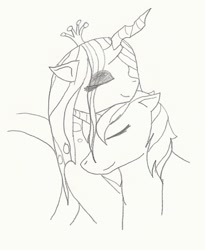 Size: 931x1135 | Tagged: safe, artist:creamecream, imported from derpibooru, queen chrysalis, shining armor, female, love, male, monochrome, neck nuzzle, nuzzling, shining chrysalis, shipping, smiling, straight, traditional art