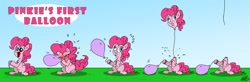 Size: 1024x336 | Tagged: safe, artist:loreto-arts, imported from derpibooru, pinkie pie, earth pony, pony, airhead, balloon, balloon head, blowing up balloons, derp, detachable head, disembodied head, female, headless, inflating, mare, modular, pinkie being pinkie, pinkie physics, solo, wat