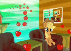 Size: 1024x730 | Tagged: safe, artist:loreto-arts, imported from derpibooru, applejack, earth pony, pony, apple, droste effect, female, food, recursion, solo, surreal, that pony sure does love apples, wat