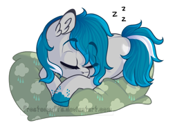 Size: 897x637 | Tagged: safe, artist:frostedpuffs, imported from derpibooru, oc, oc only, oc:will o' wisp, earth pony, pony, female, mare, pillow, sleeping, solo