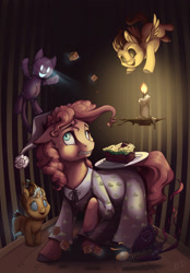 Size: 1000x1440 | Tagged: safe, artist:28gooddays, imported from derpibooru, pinkie pie, pound cake, pumpkin cake, cake, cake twins, candle, clothes, doll, fear, food, hat, nightcap, nightgown, prehensile mane, scared, siblings, toy, twins